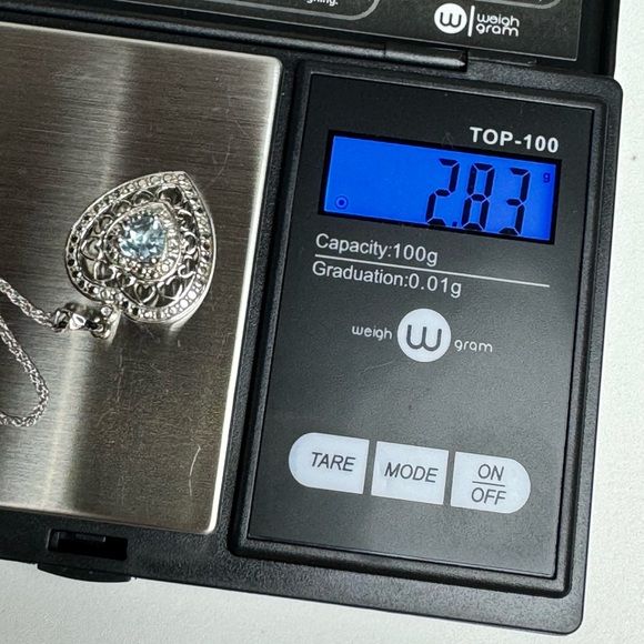 10K WG/925 Filigree Blue Topaz Heart Pendant Necklace - Picture 15 of 16